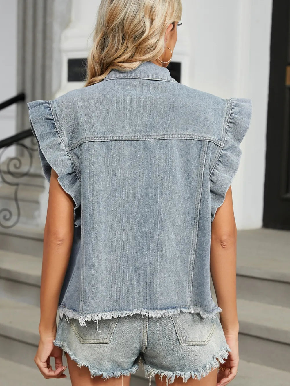 Raw Hem Cap Sleeve Denim Jacket in Black, view 2
