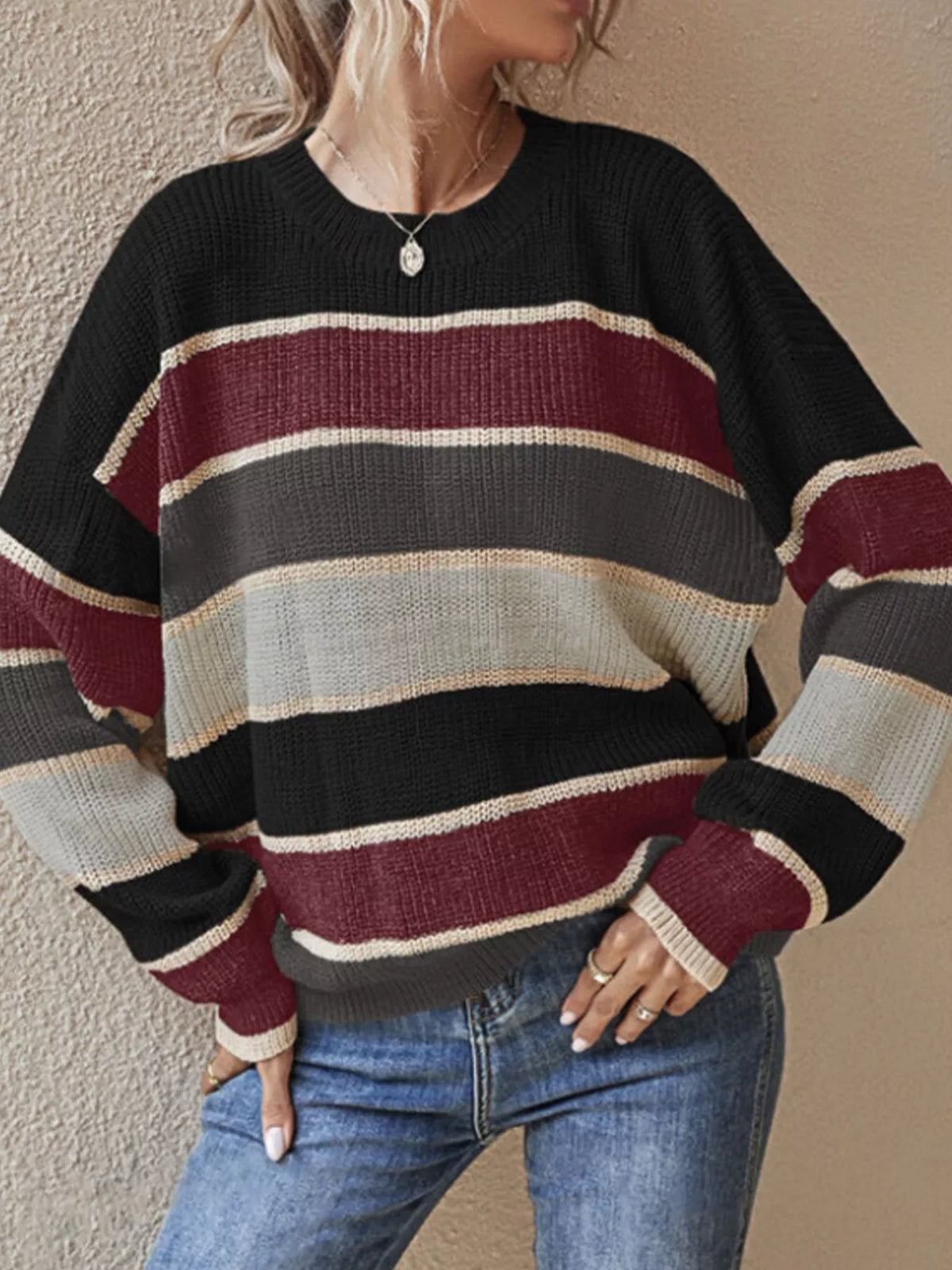 Color Block Striped Crew Neck Sweater