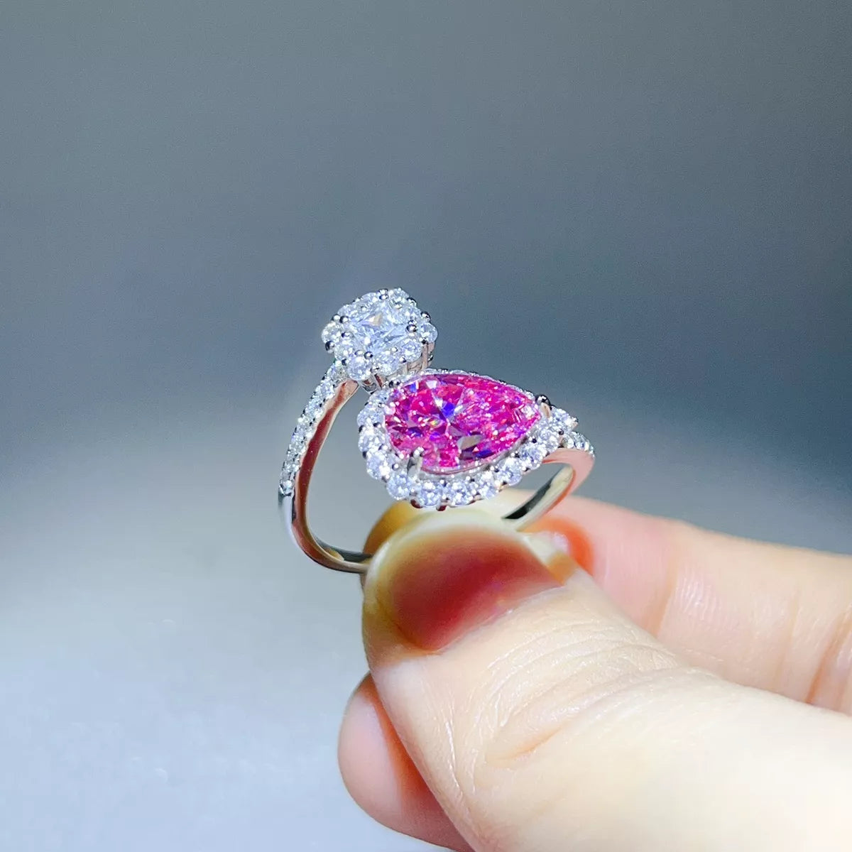 2 Carat Moissanite 925 Sterling Silver Bypass Ring in Hot Pink, view 2