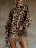 Full Size Leopard Sequin Mock Neck Fringe Hem Mini Dress Plus Size - Lilixa.store