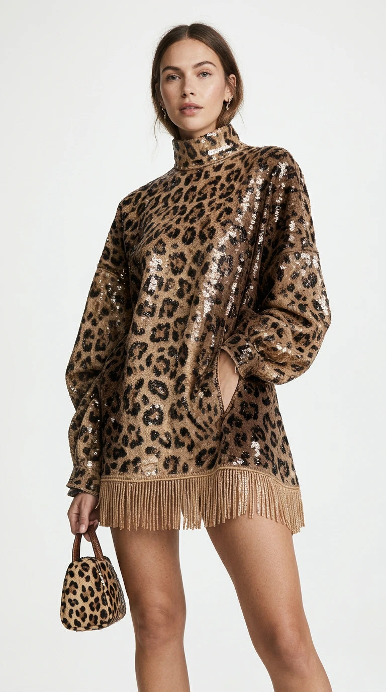 Full Size Leopard Sequin Mock Neck Fringe Hem Mini Dress Plus Size