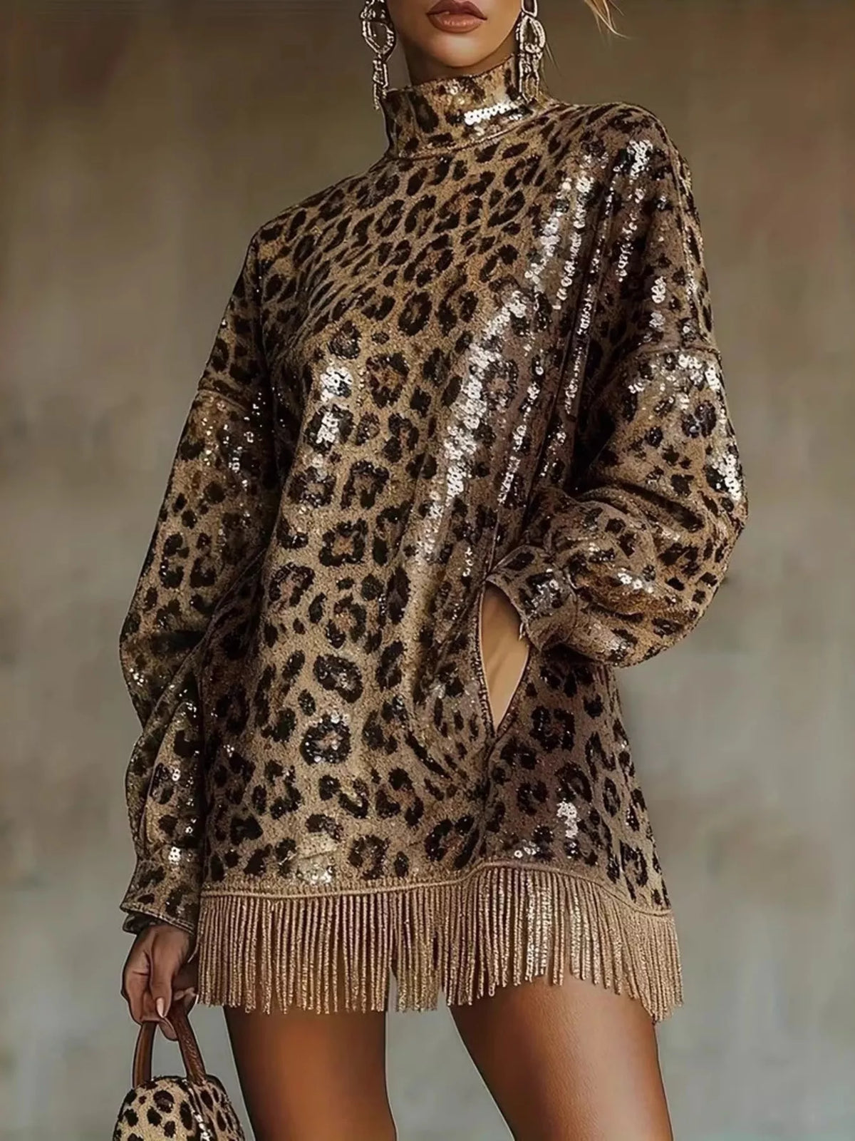 Full Size Leopard Sequin Mock Neck Fringe Hem Mini Dress Plus Size