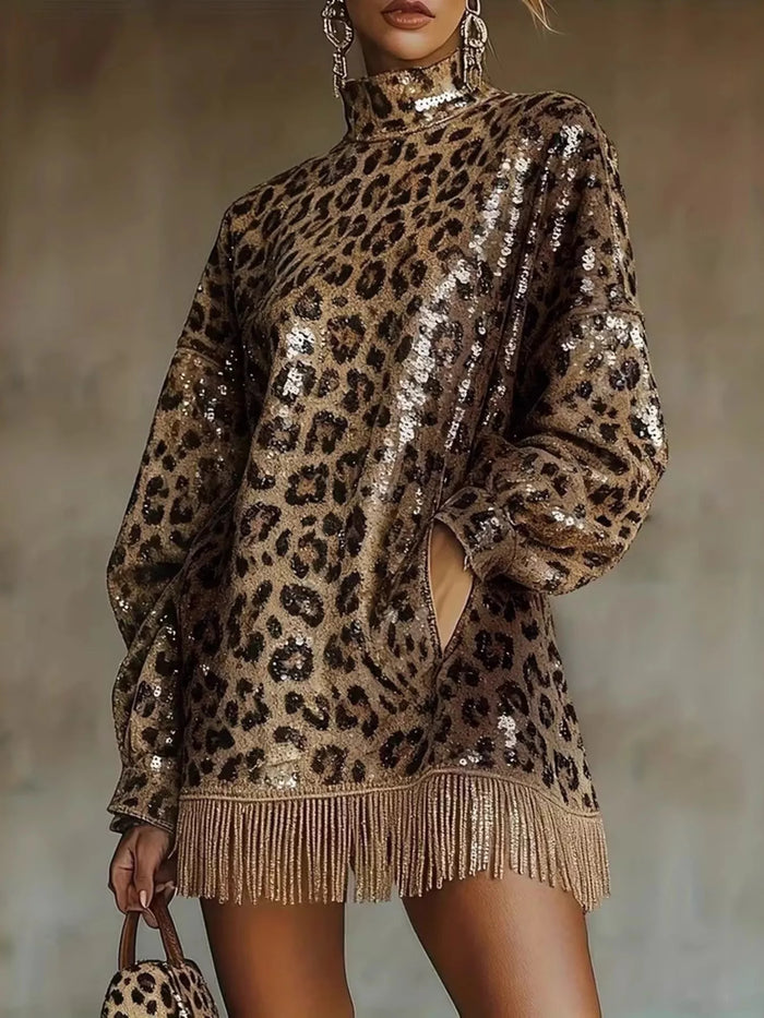Full Size Leopard Sequin Mock Neck Fringe Hem Mini Dress Plus Size - Lilixa.store