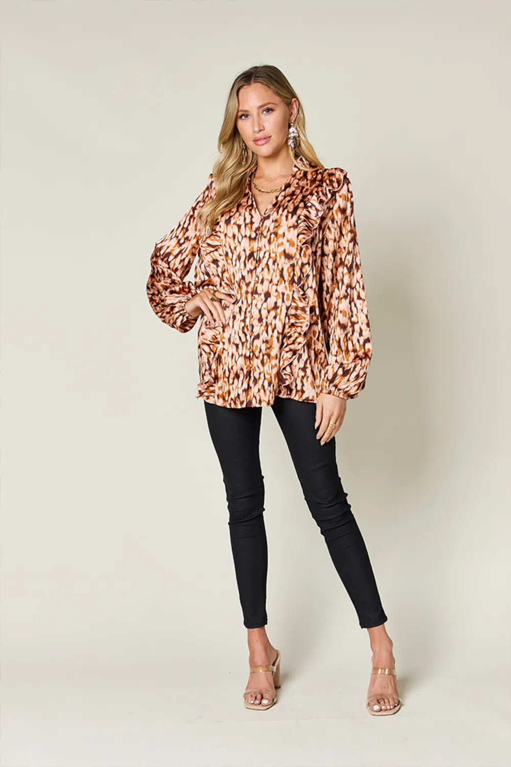 Double Take Full Size Printed Ruffle Trim Balloon Sleeve Shirt Plus Size - Lilixa.store