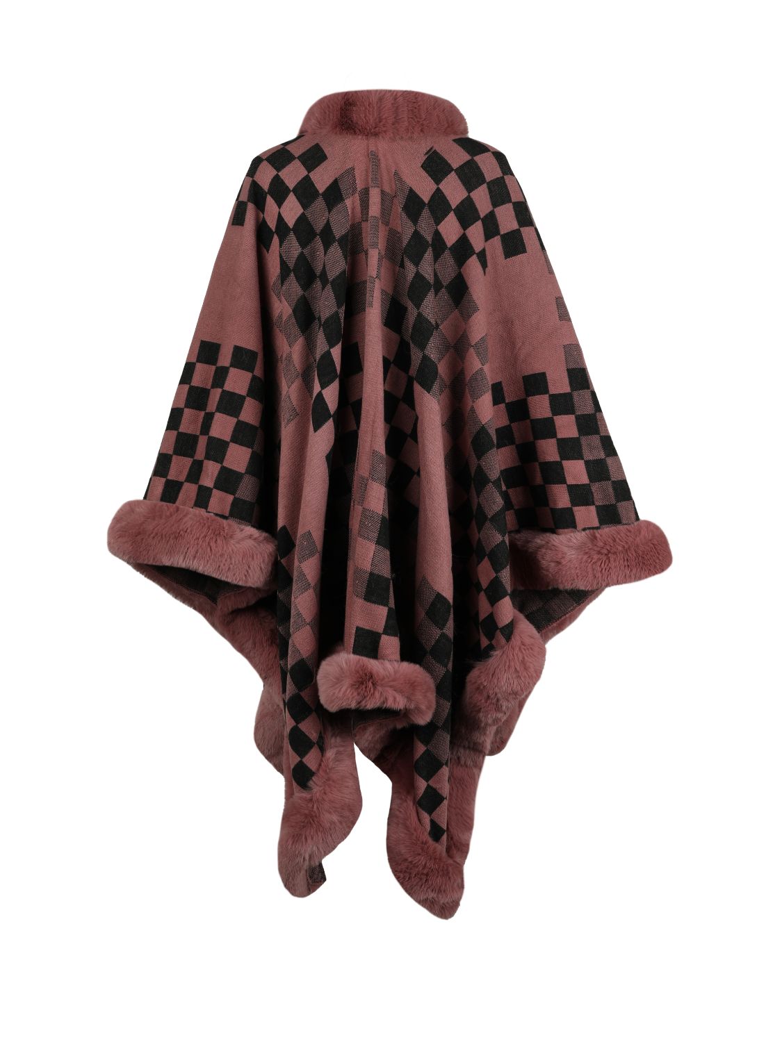 Checkered Faux Fur Trim Poncho, view 6