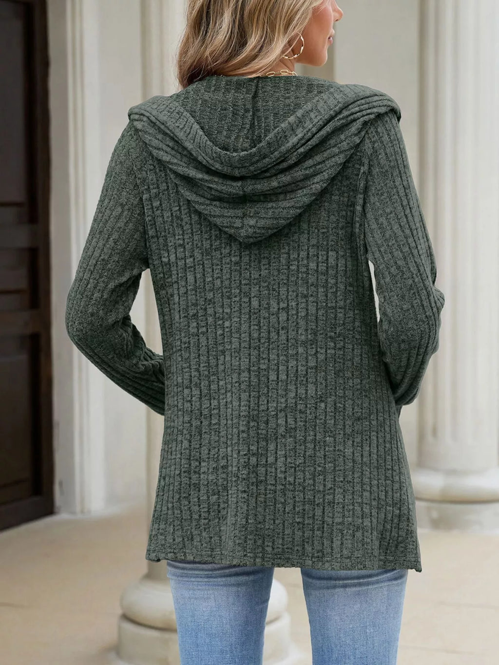 Ribbed Knit Hooded Button-Down Cardigan - Lilixa.store