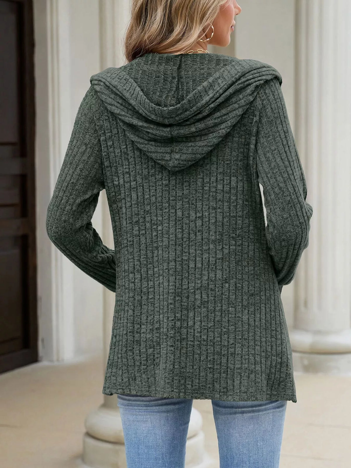 Ribbed Knit Hooded Button-Down Cardigan - Lilixa.store