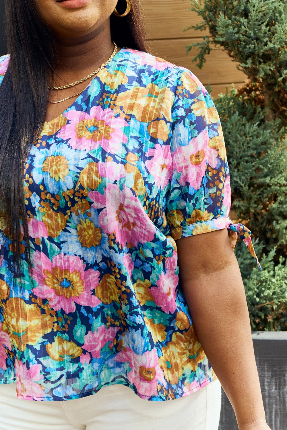 Petal Dew Full Size Floral V-Neck Tie Detail Blouse in Navy/Pink, view 10