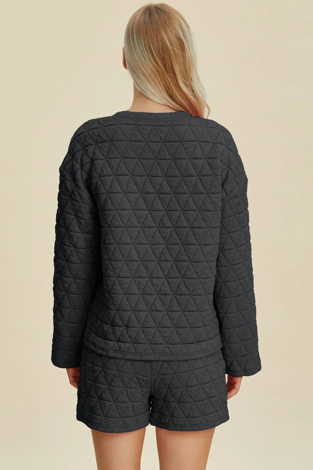 Double Take Full Size Texture Round Neck Long Sleeve Top and Shorts Set - Lilixa.store