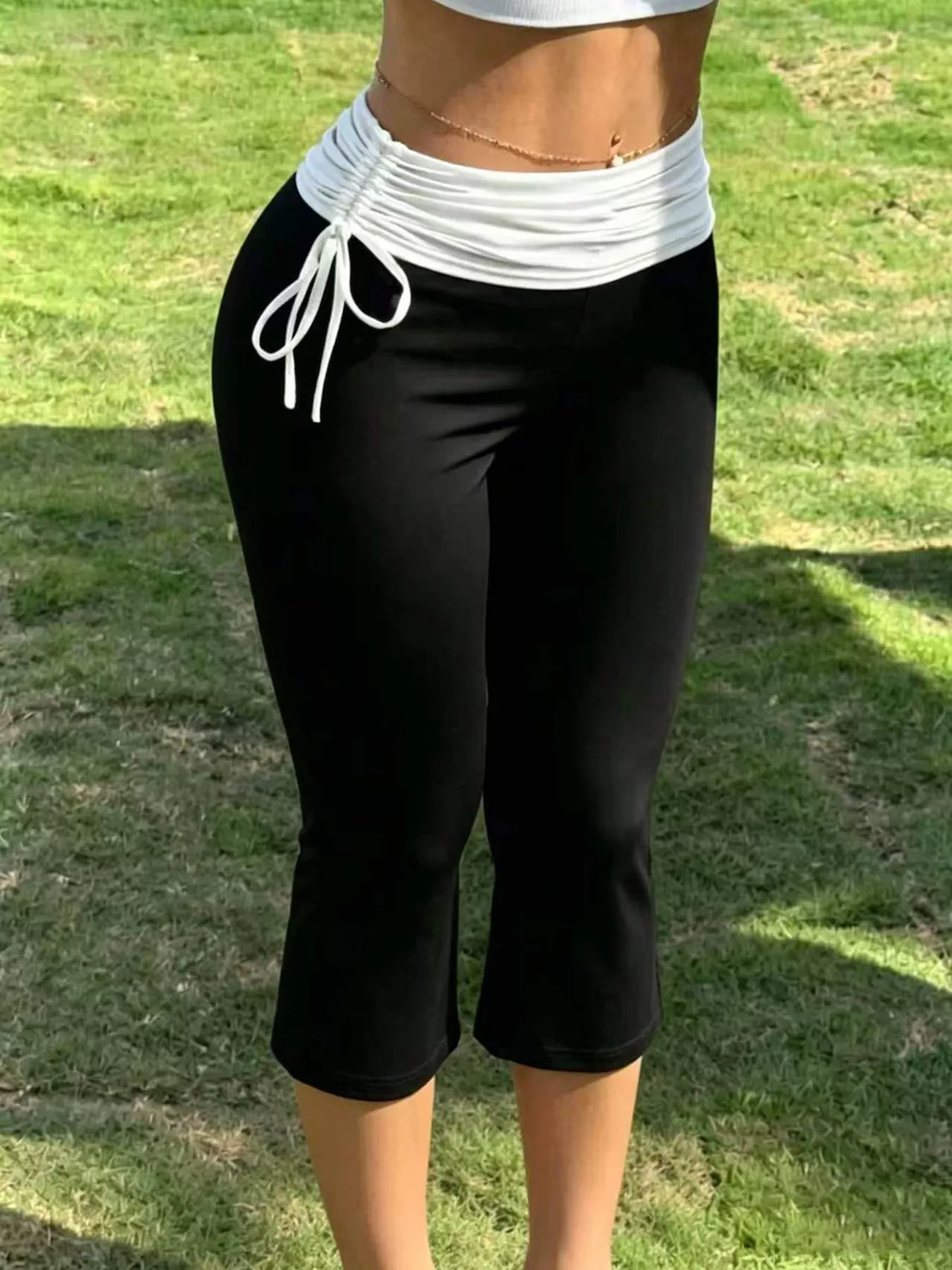 High-Waisted Ruched Drawstring Capri Pants
