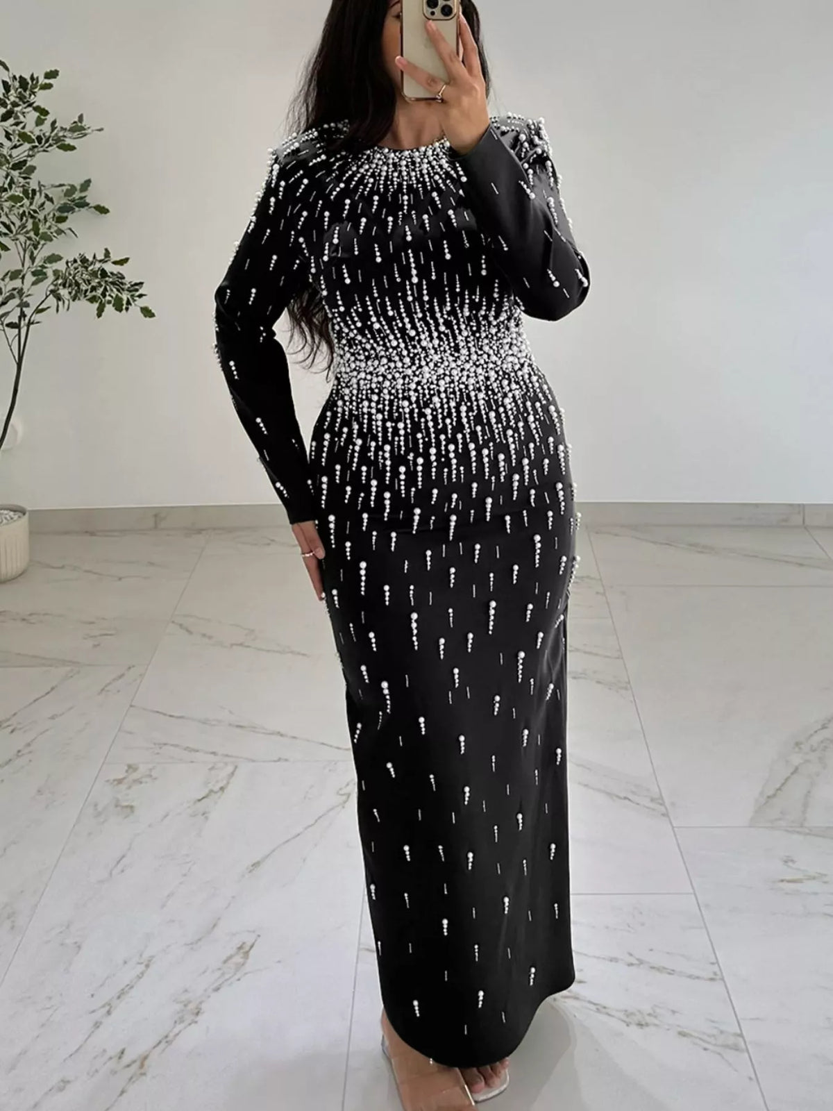 Pearl Detail Long Sleeve Maxi Dress