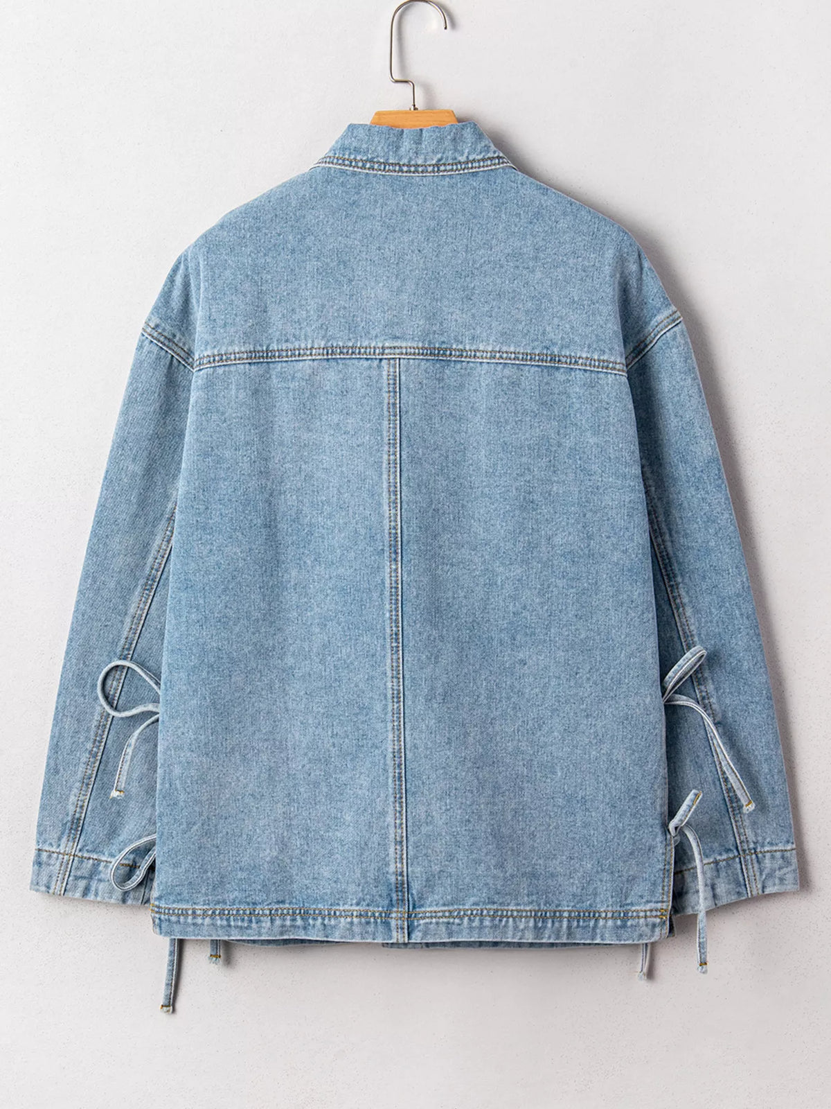 Patched Pockets Side Tie Denim Jacket, view 6