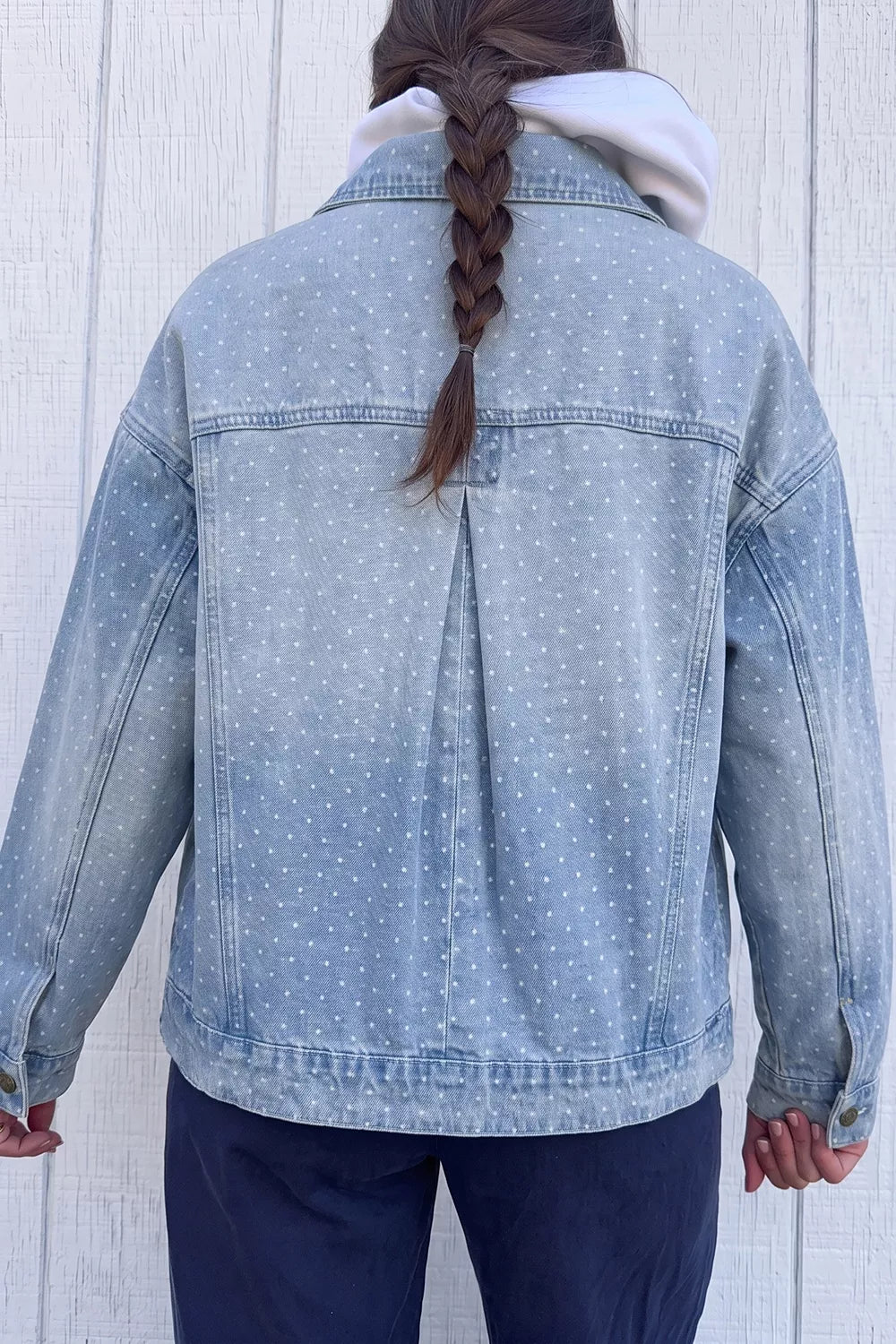 Polka Dot Long Sleeve Collar Pocket Casual Shift Silhouette Denim Jacket in Light Blue, view 2