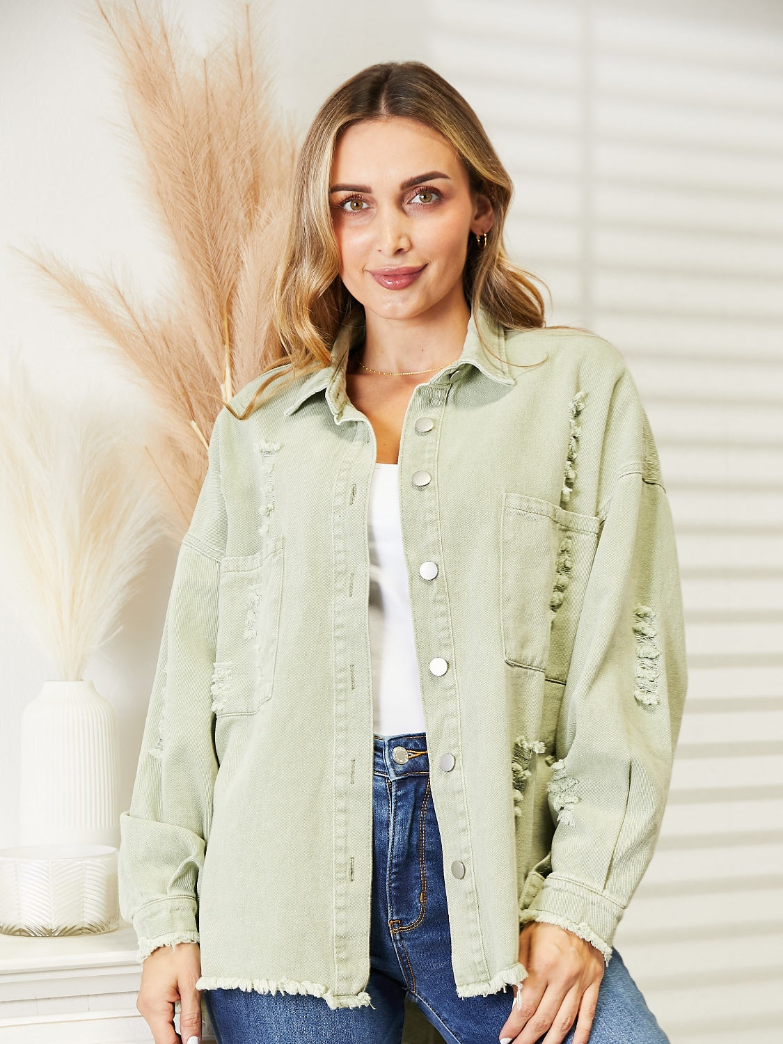 Distressed Raw Hem Denim Jacket - Lilixa.store