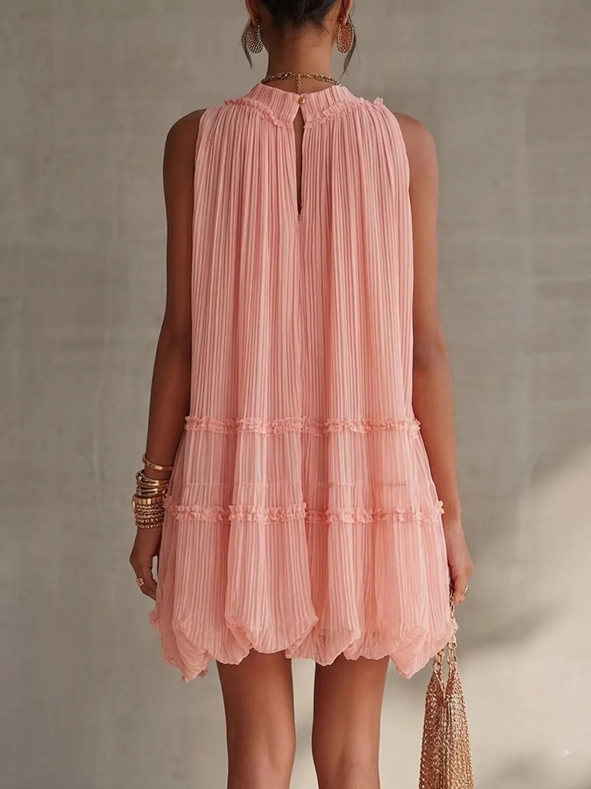 Pleated Mock Neck Sleeveless Mini Dress