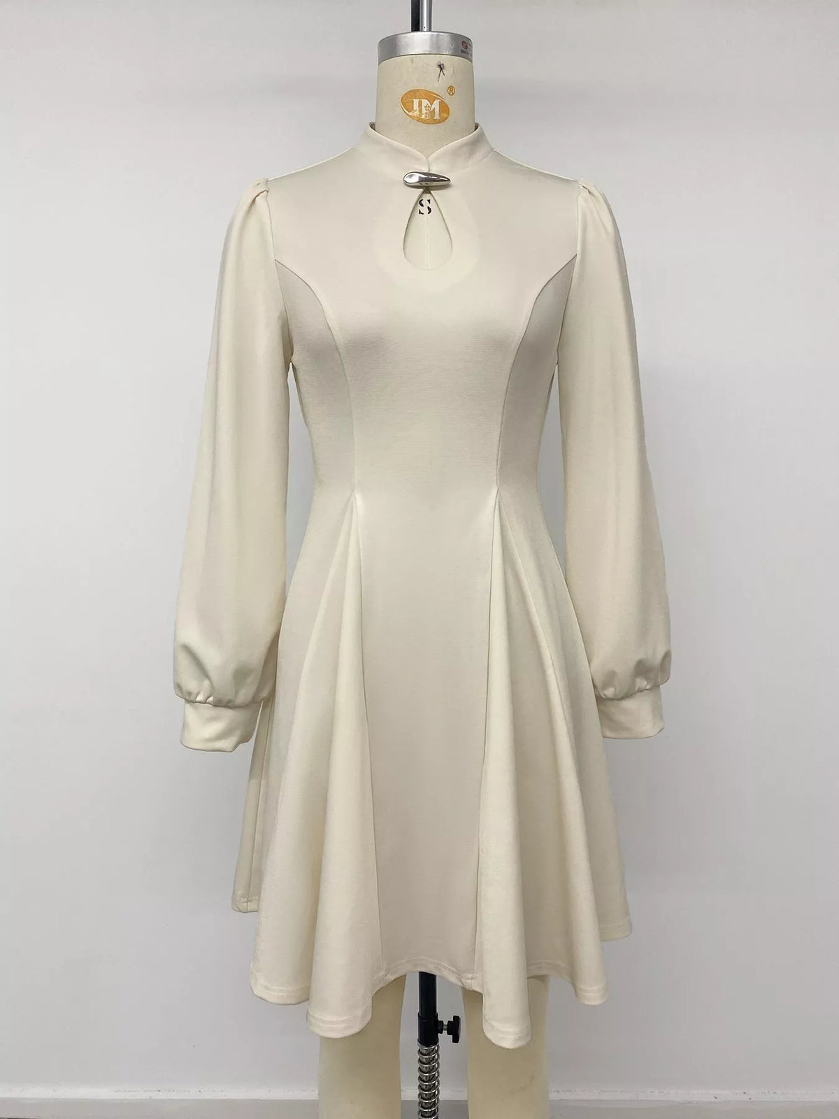 Keyhole Neckline Long Sleeve A-Line Mini Dress in Apricot, view 7