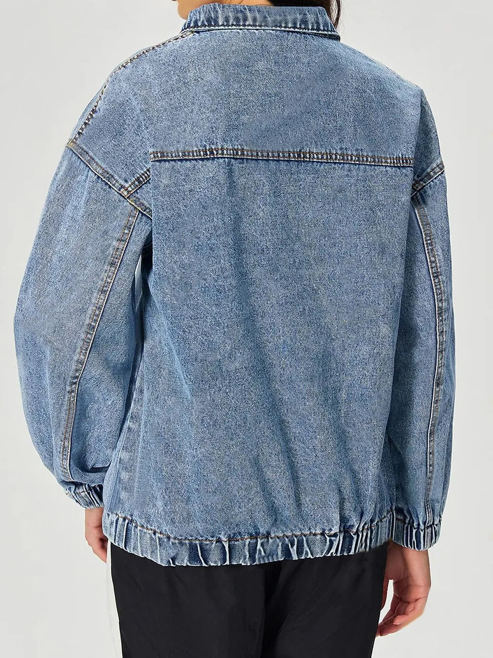 Quarter Zip Collared Neck Denim Top - Lilixa.store