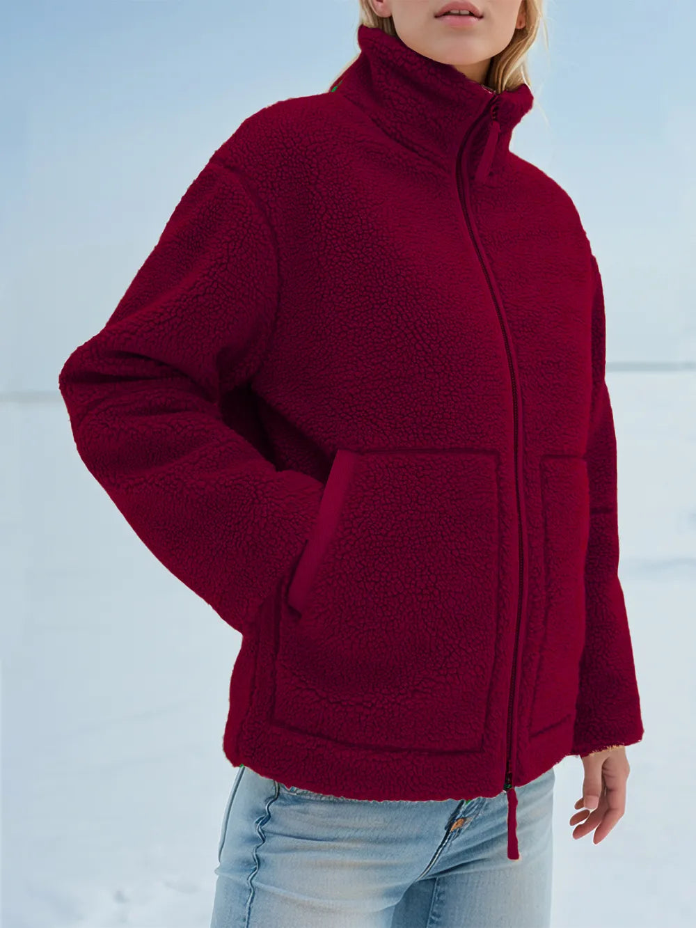 Turtleneck Zip Up Long Sleeve Plush Jacket, view 7