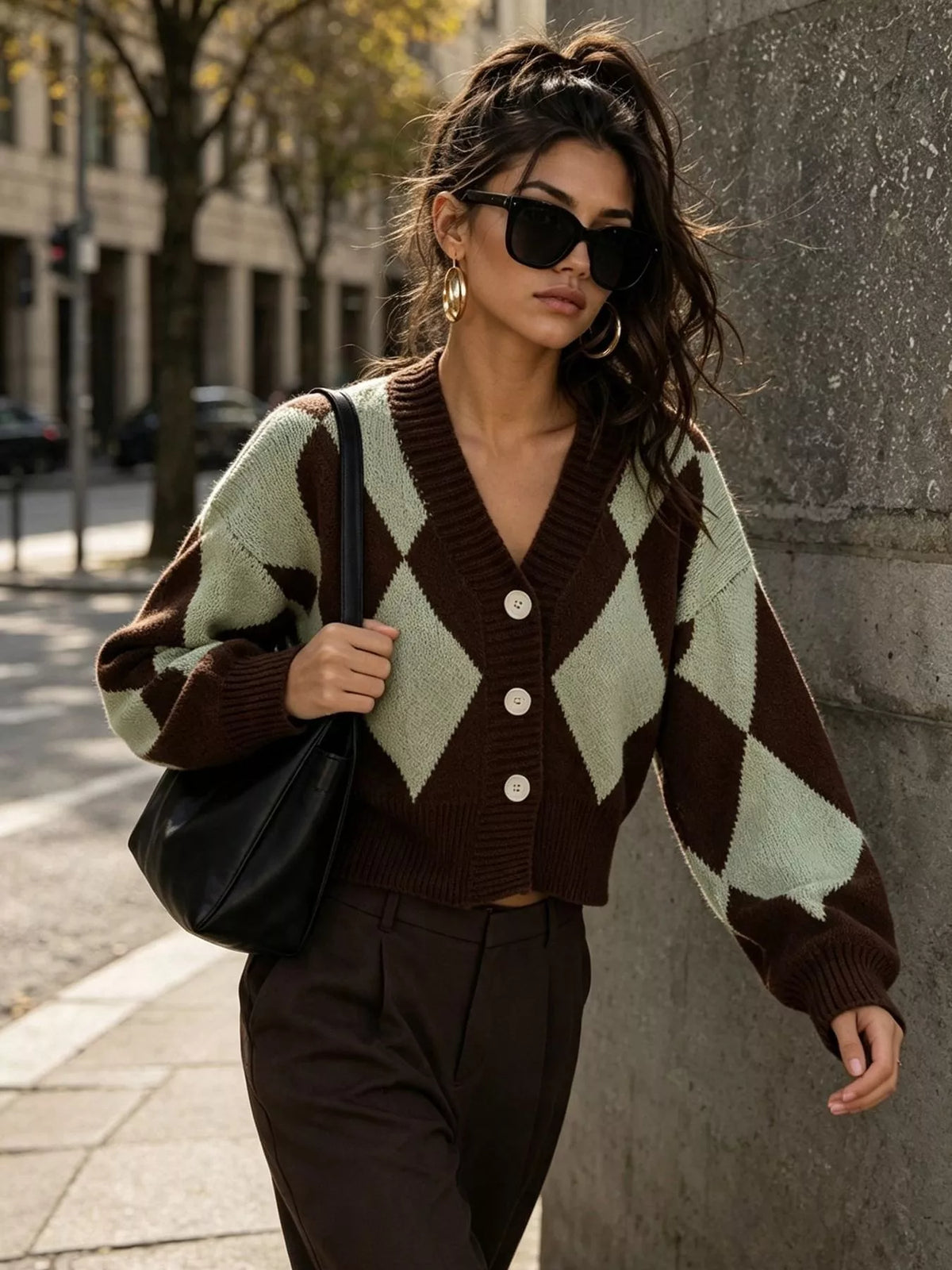 Argyle Pattern V-Neck Button-Down Cardigan, view 9