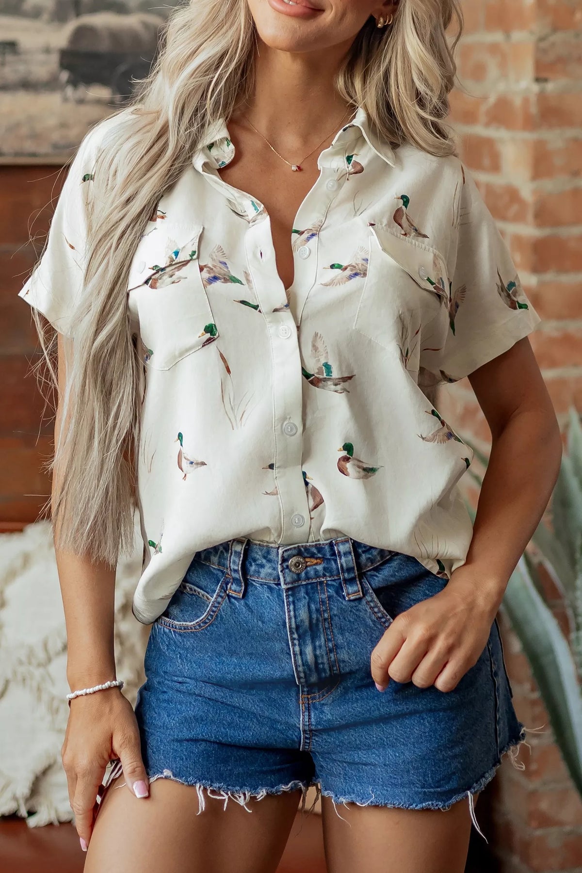 Mallard Printed Button Flap Pocket Short Sleeve Shirt in White, view 2