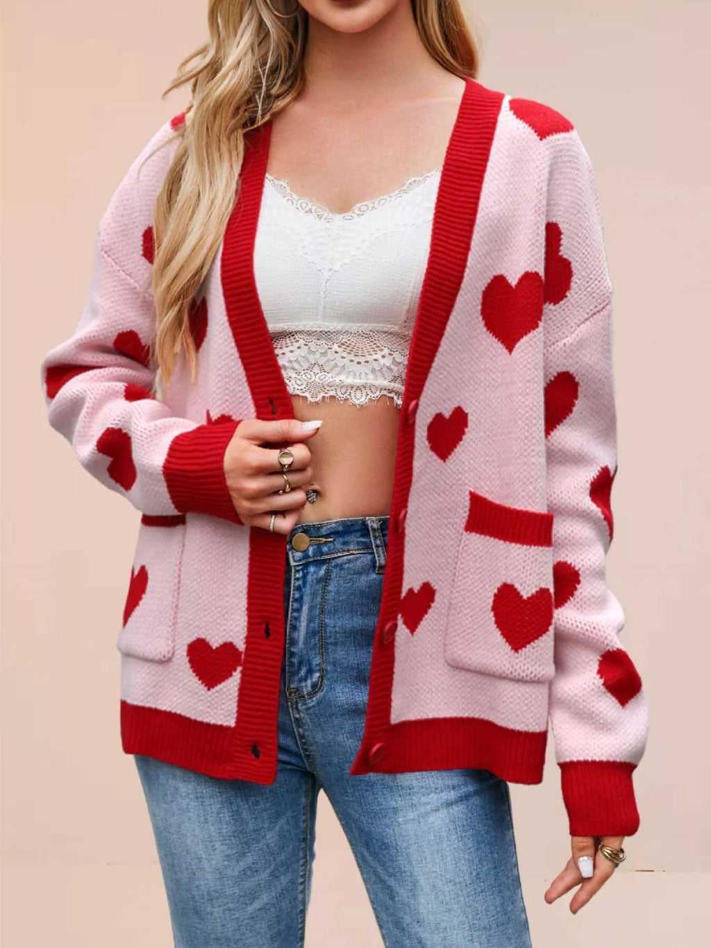 Heart Pattern V-Neck Button-Down Knit Cardigan - Lilixa.store
