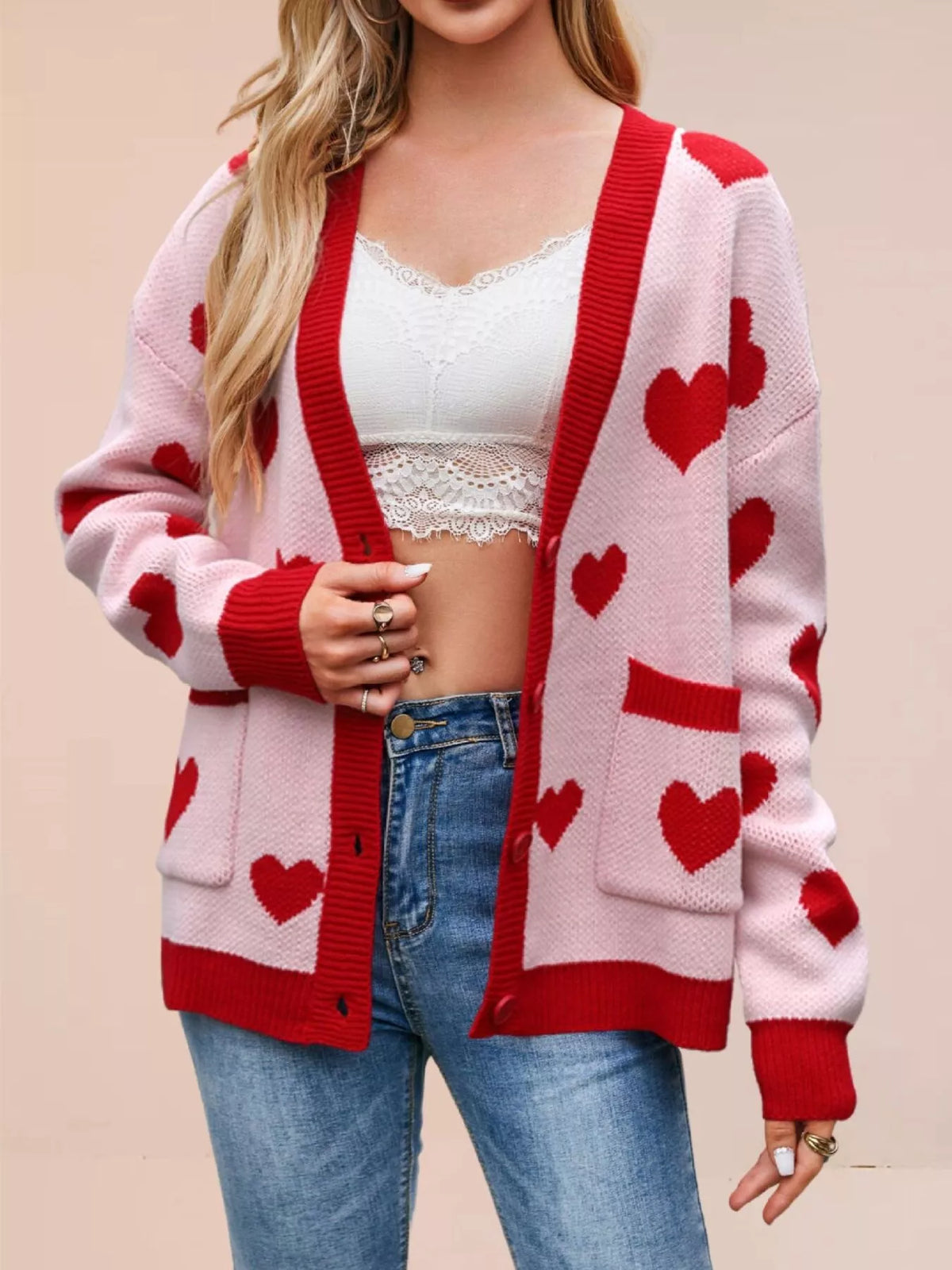 Heart Pattern V-Neck Button-Down Knit Cardigan - Lilixa.store
