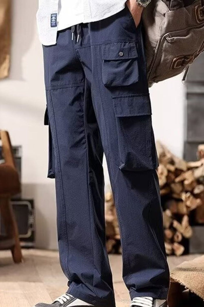 Men's Plus Size Relaxed Fit Multi-Pocket Cargo Pants in Dark Blue