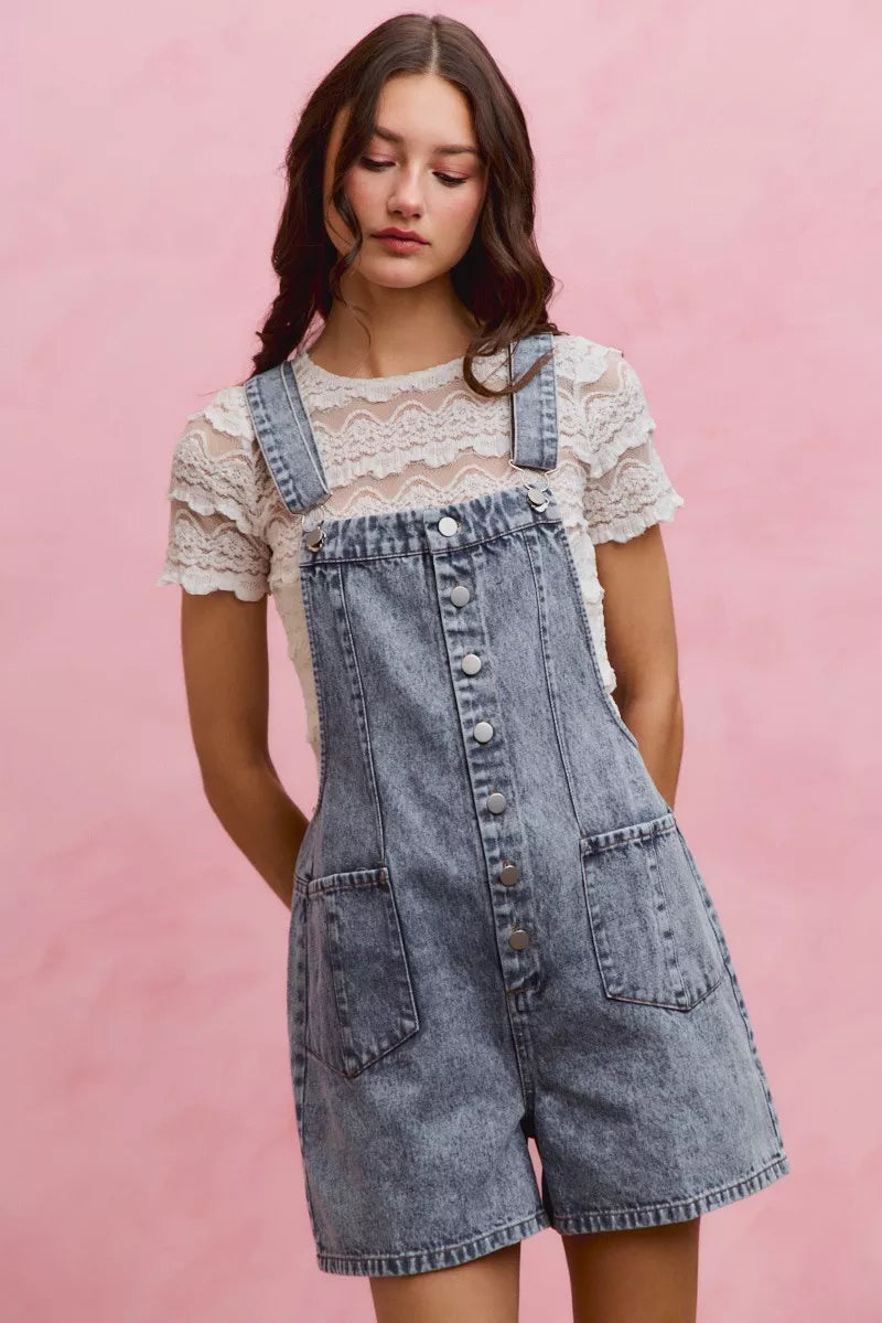 SO ME Denim Washed On Front With Adjustable Strap Romper - Lilixa.store