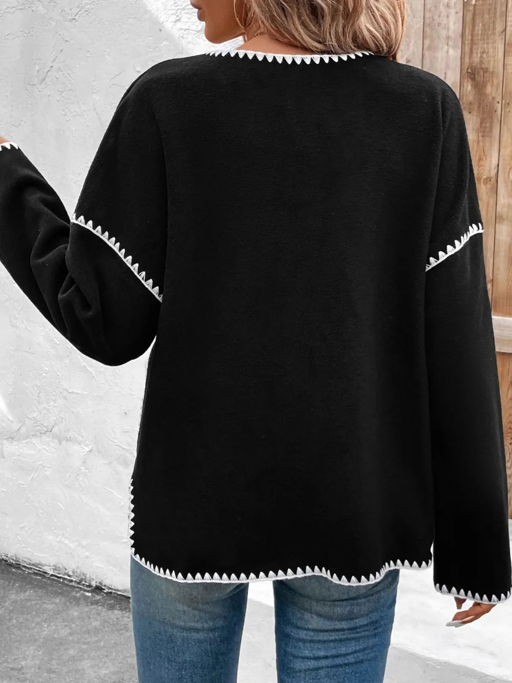 Perfee Pocketed Contrast Button Up Jacket in Black, view 2