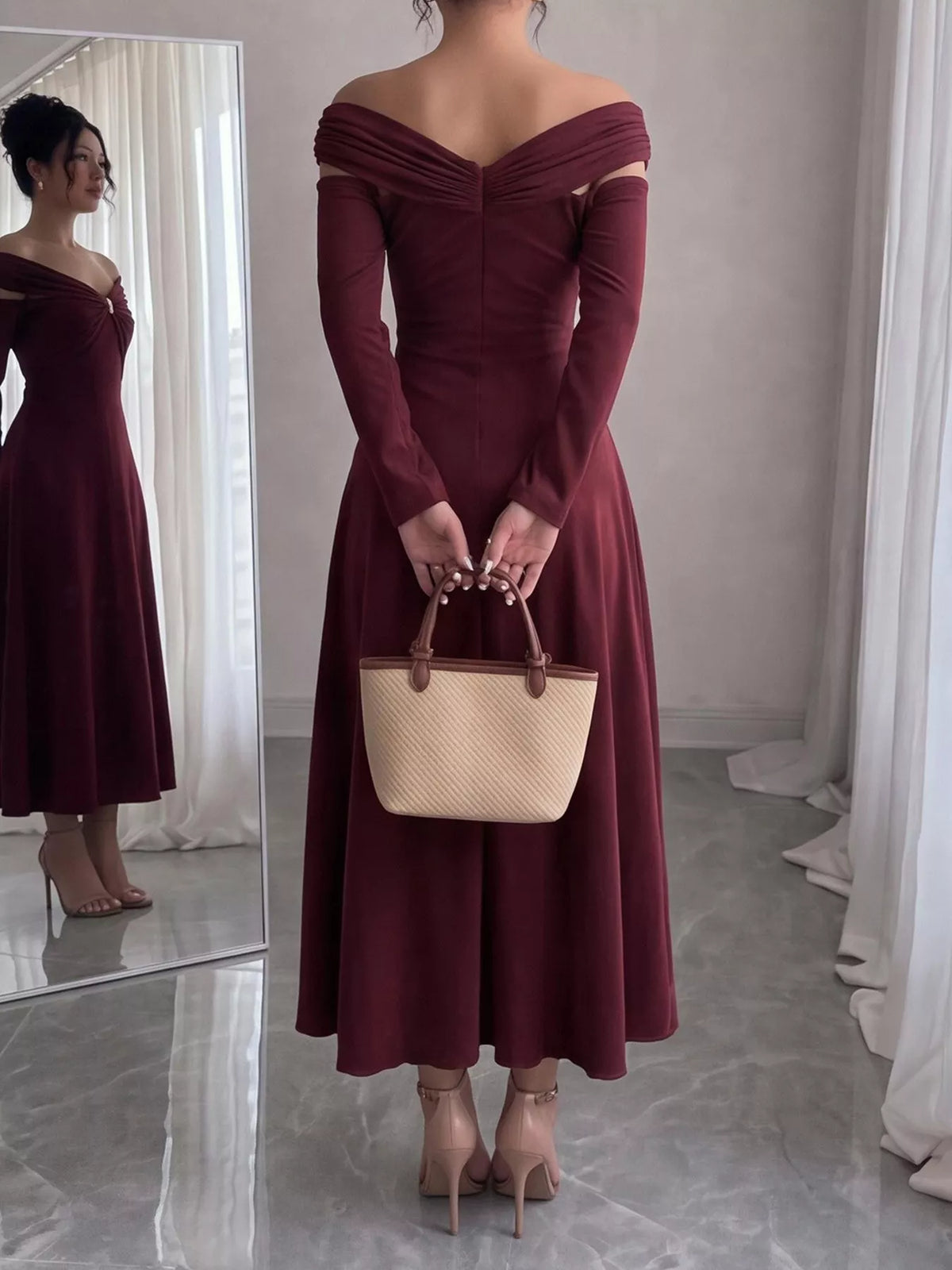 Off-Shoulder Long-Sleeve Maxi Dress - Lilixa.store