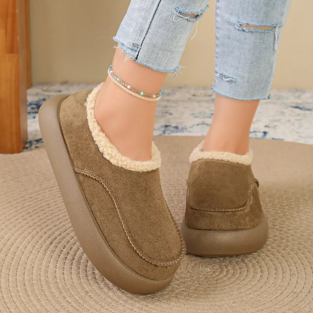 Plush-Lined Suede Platform Slip-On Boots in Camel