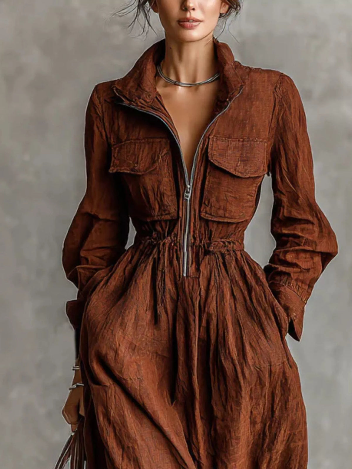 Zip-Front Long Sleeve Maxi Shirt Dress in Dark Brown