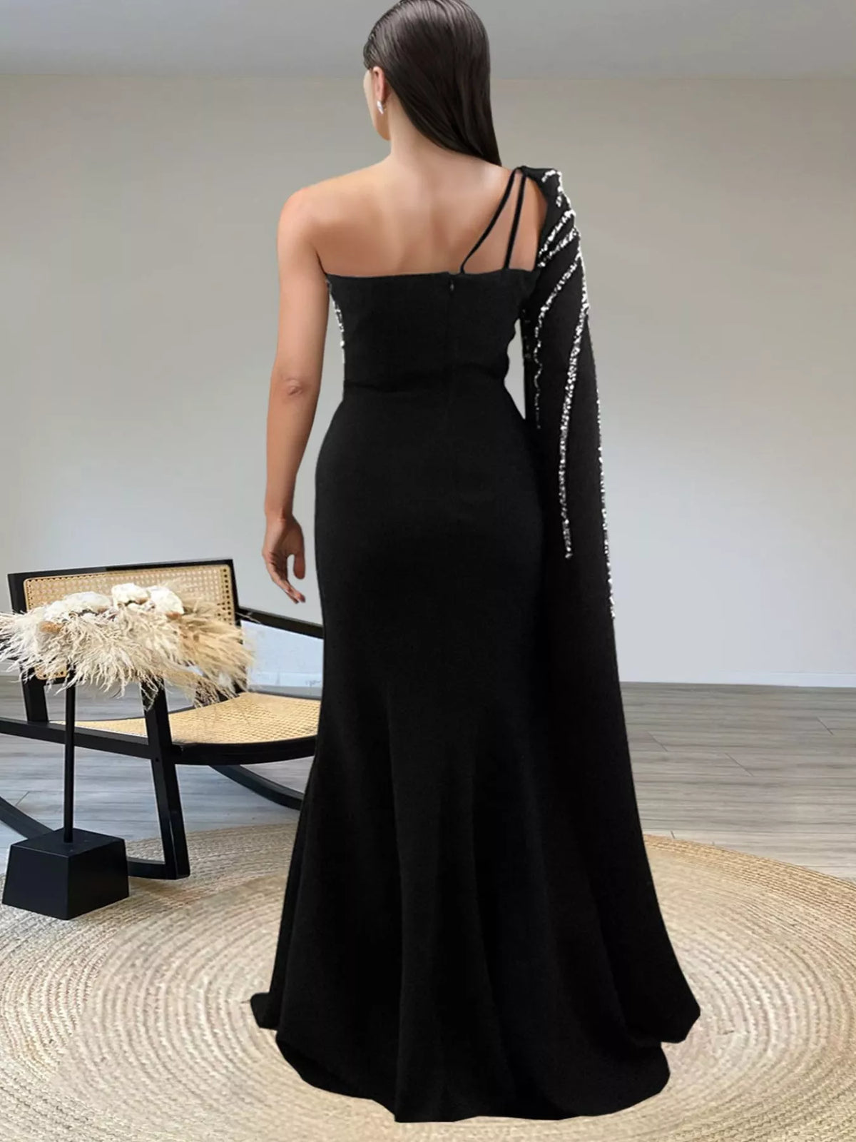 Rhinestone Pearl Detail One-Shoulder Mermaid Maxi Dress - Lilixa.store