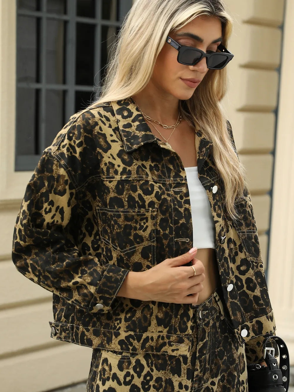Pocketed Leopard Long Sleeve Denim Jacket, view 3