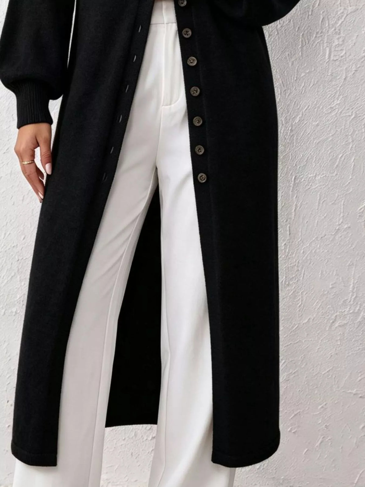 Elegant Longline Button-Front Cardigan with Lantern Sleeves, view 5