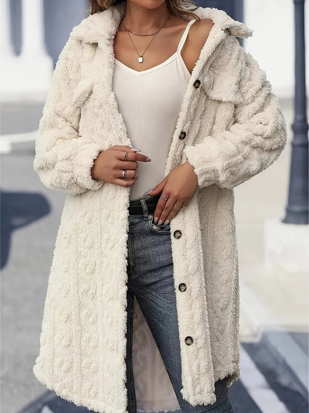 Fuzzy Button Up Long Sleeve Longline Coat in Cream, view 4