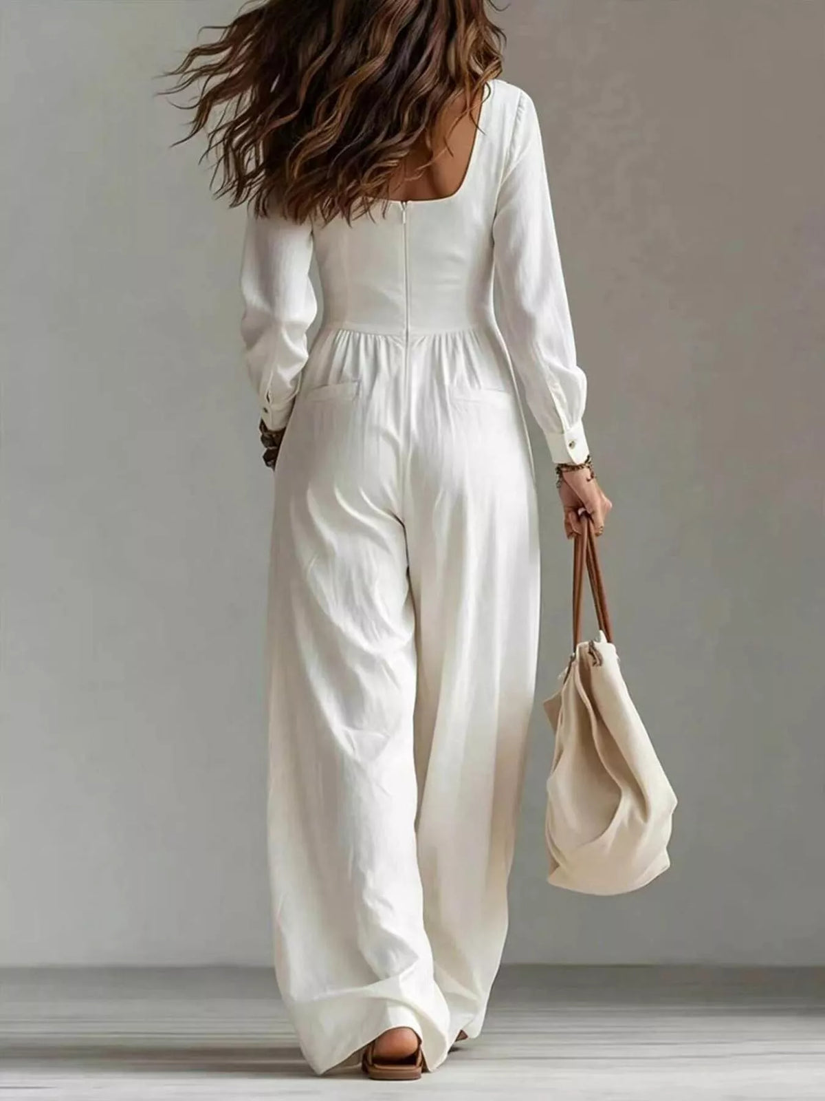 V-Neck Long Sleeve Button Front Wide-Leg Jumpsuit