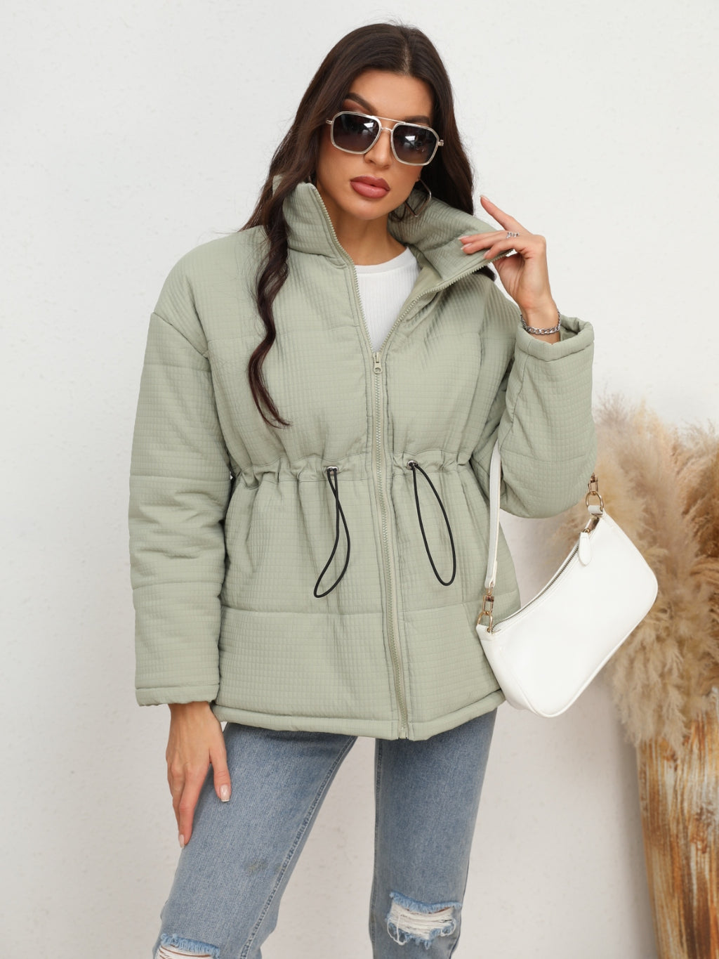 Drawstring Waist Zip-Up Puffer Jacket - Lilixa.store