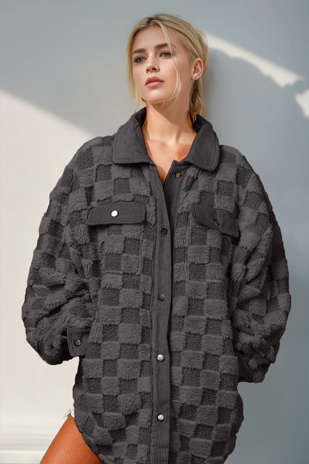 Double Take Button Up Fuzzy Checkered Shacket in Black