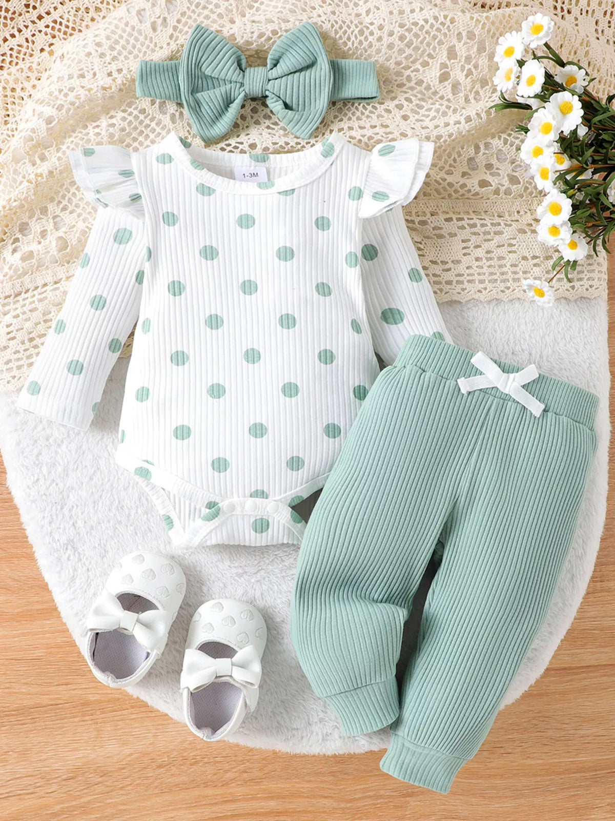 Children's Ruffled Polka Dot Bodysuit and Pants Set with Headband - Lilixa.store