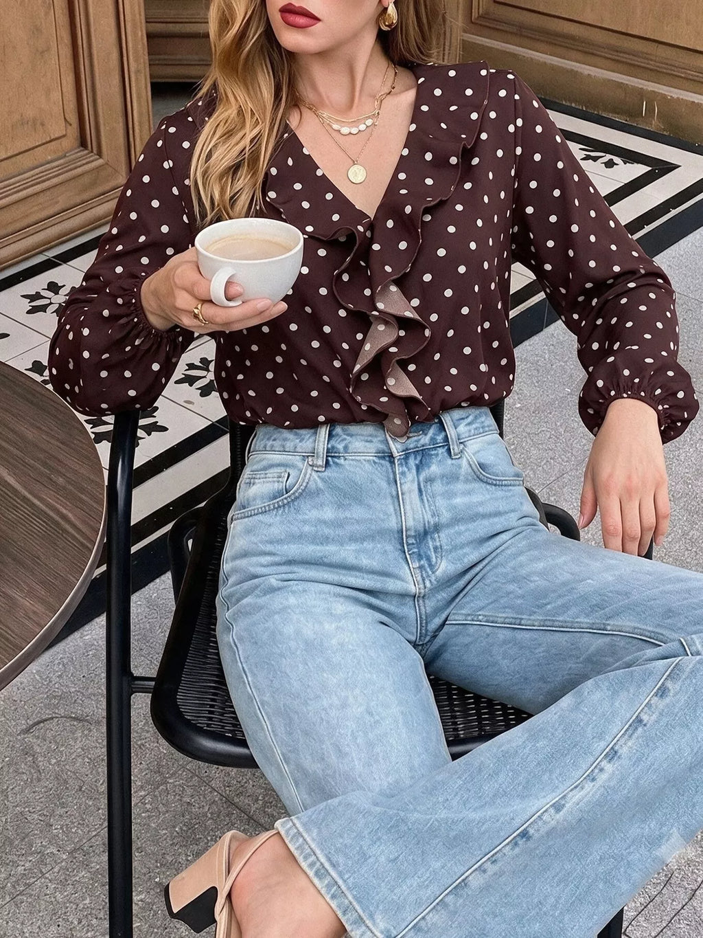 Polka Dot Ruffled V-Neck Bodysuit - Lilixa.store