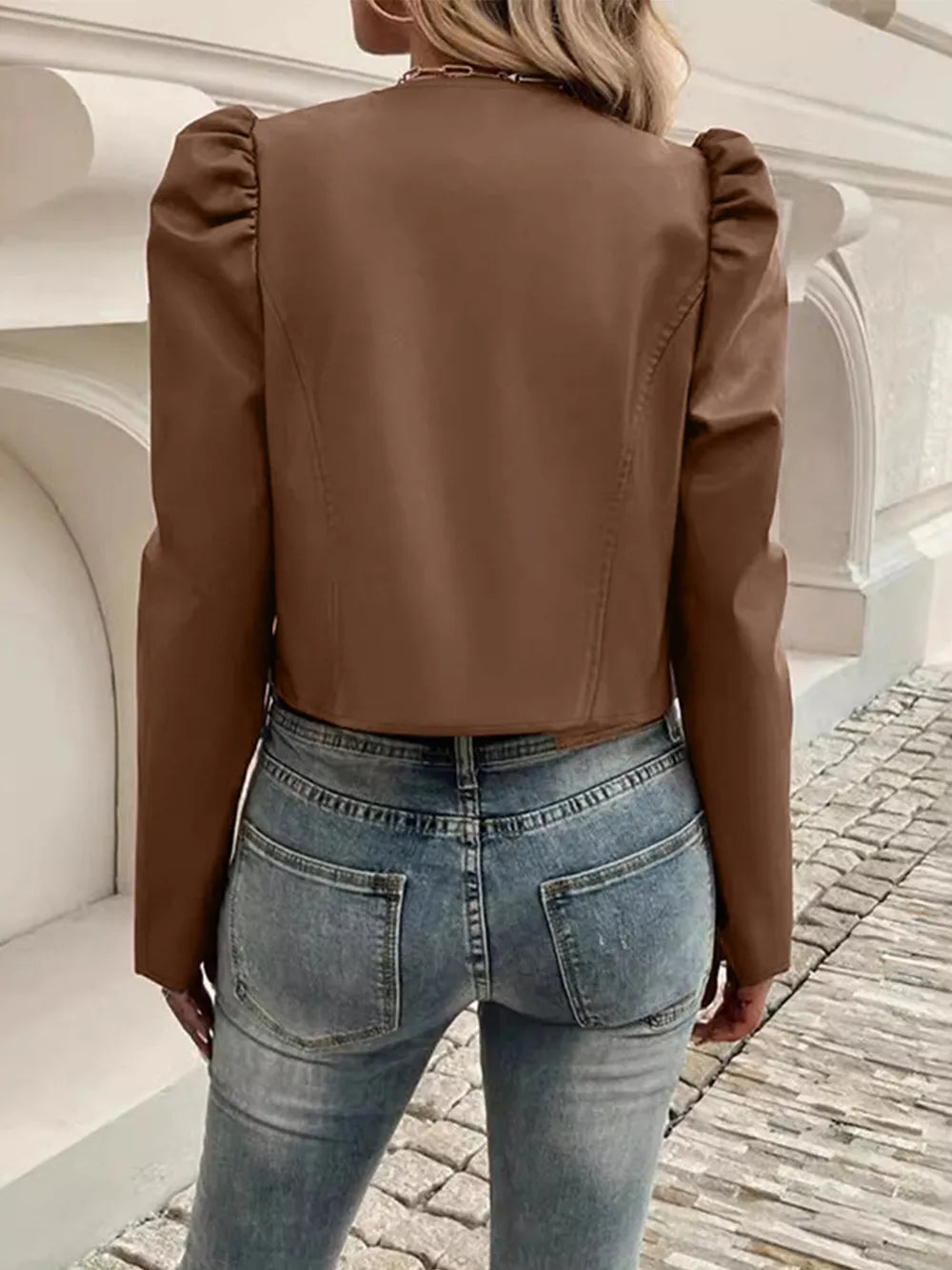 PU Leather Open Front Puff Sleeve Jacket, view 2