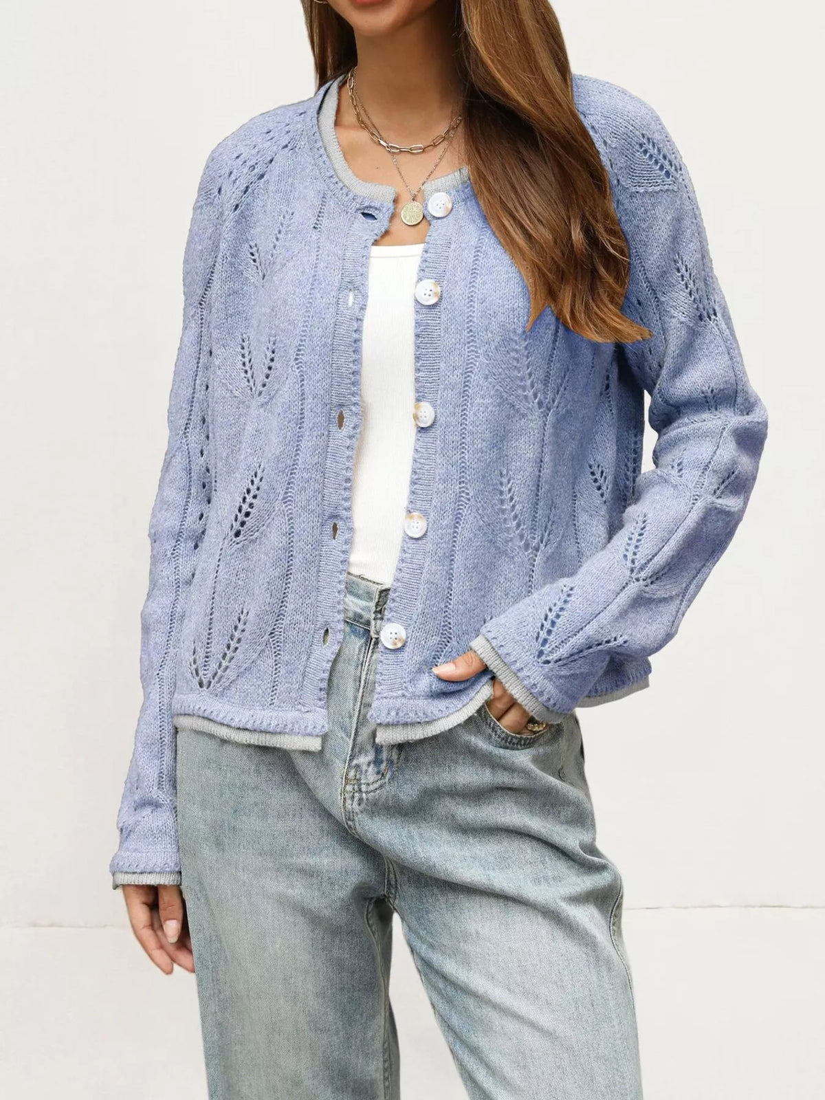 Hollow-Out Knit Button-Down Cardigan - Lilixa.store