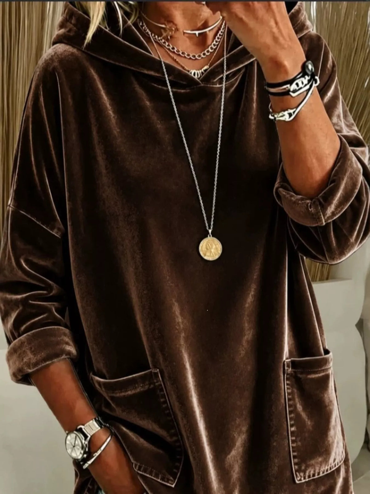 Velvet Front Pockets Hoodie - Lilixa.store