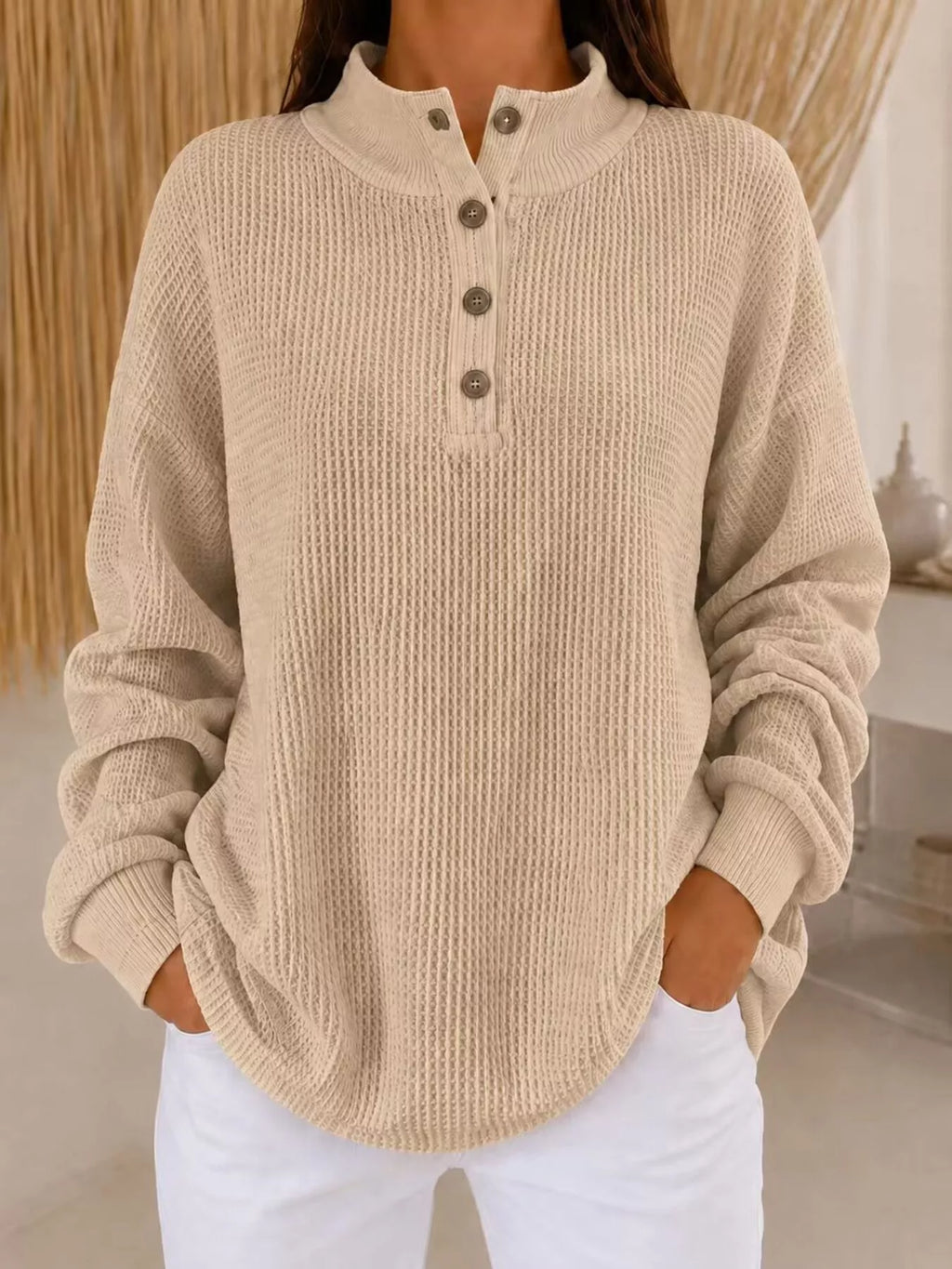 Full Size Waffle Knit Button Detail Sweatshirt Plus Size - Lilixa.store