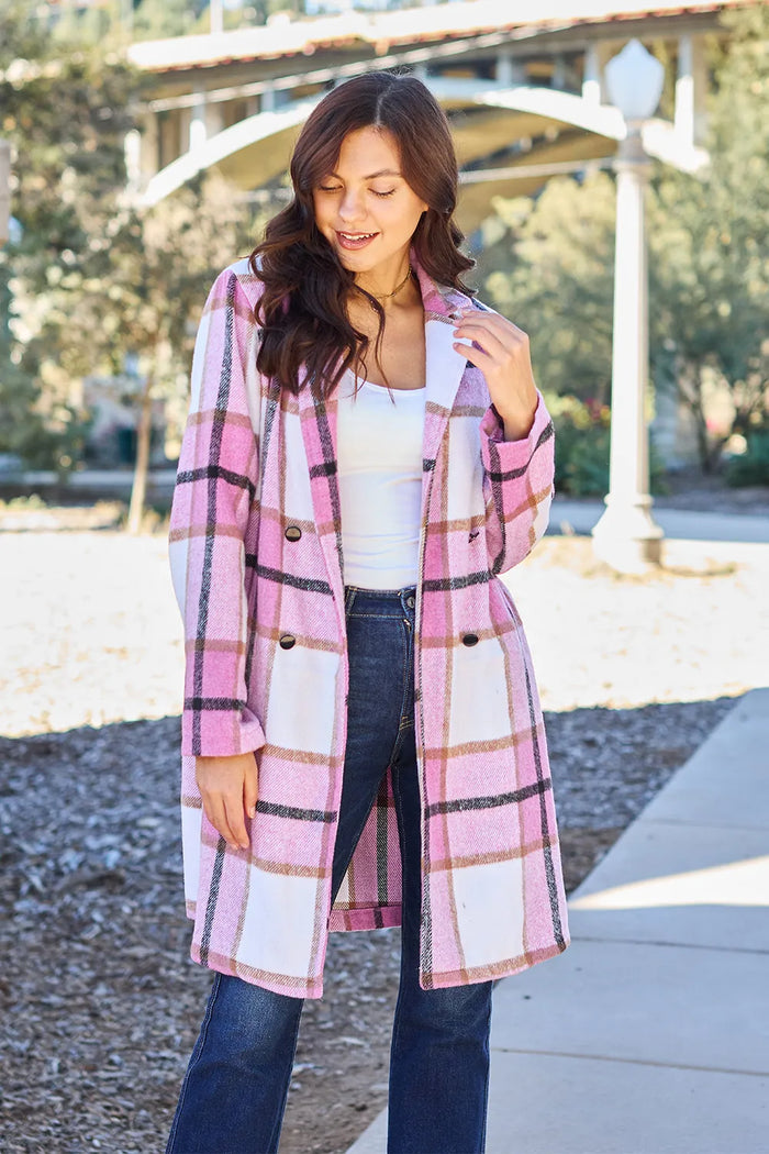 Double Take Full Size Plaid Button Up Lapel Collar Coat - Lilixa.store