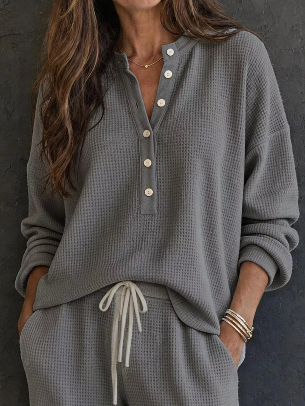Waffle Knit Henley Top and Wide Leg Pants Set - Lilixa.store