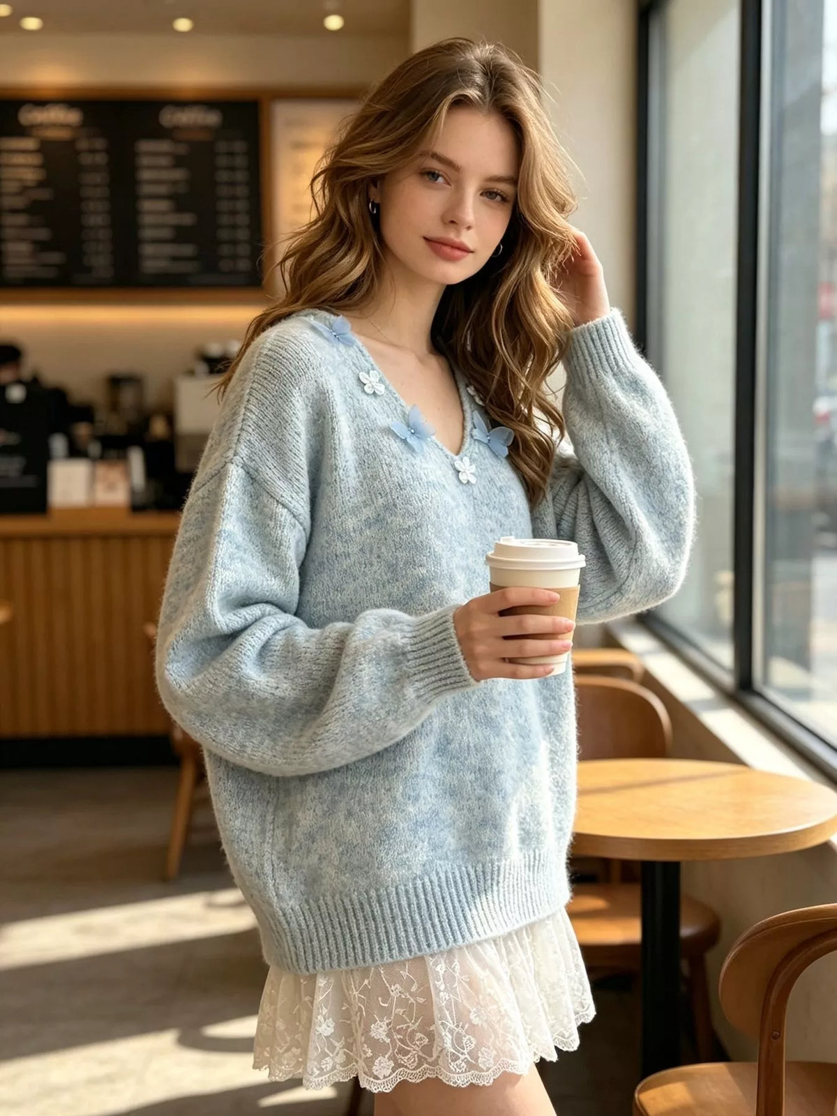 V-Neck Floral Applique Lace Hem Sweater, view 3