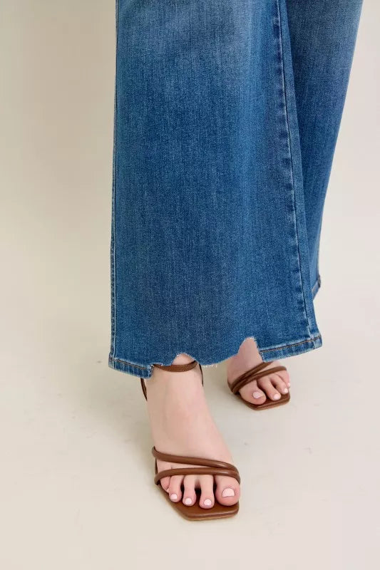 Judy Blue Full Size High Waist Tummy Control Chew Hem Destroy Wide Jeans Plus Size - Lilixa.store