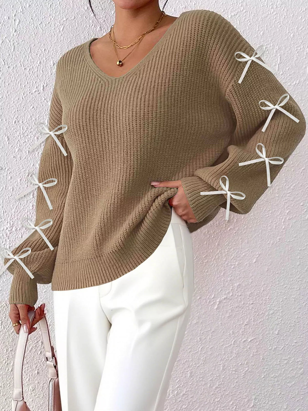 Bow-Tie Sleeve V-Neck Sweater - Lilixa.store